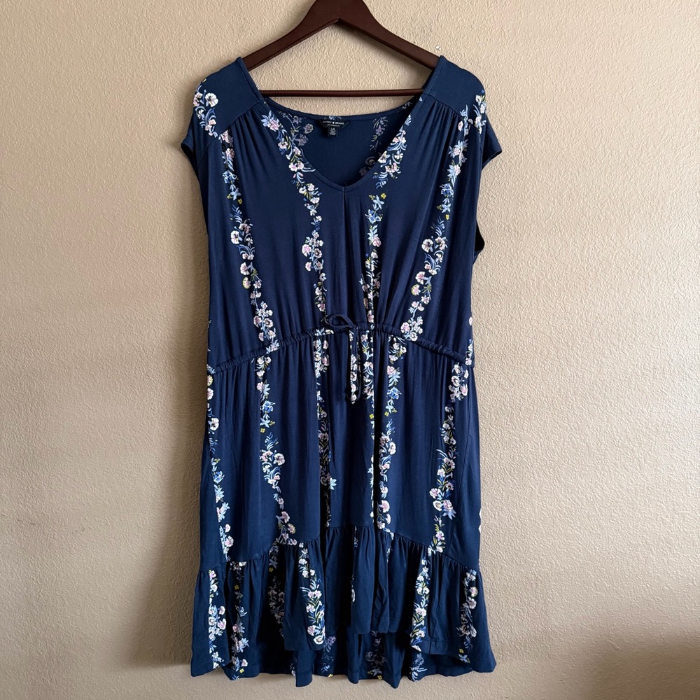 Lucky Brand Navy Floral Midi Dress Size Large with Drawstring Waist